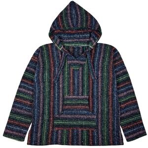 Vintage Inspired Baja Hoodie Mexican Blanket Pullover Multicolor Striped Hippie